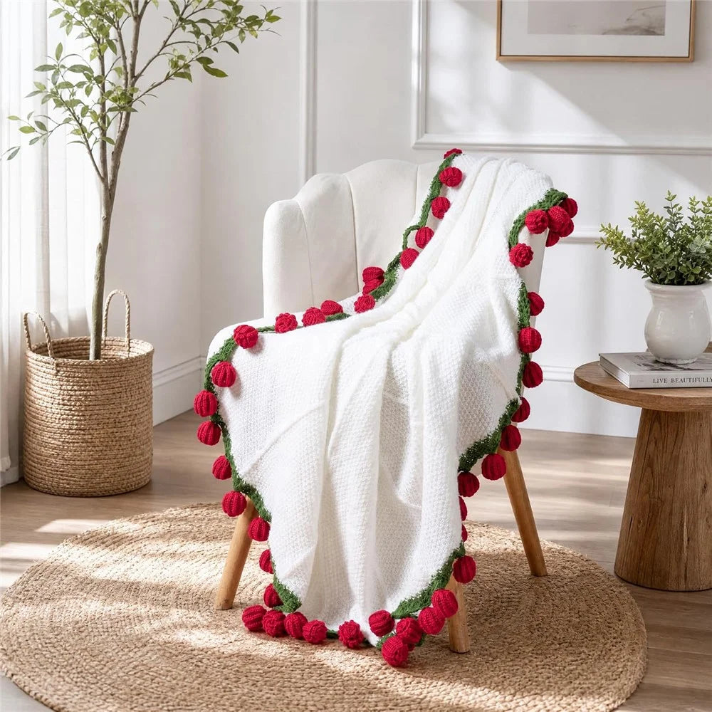 80cm 33Pcs Roses Bouquet Throw Blanket Knit Blanket Sofa Decorative Shawl Office Nap Cover - Red Rose / White Blanket - 2