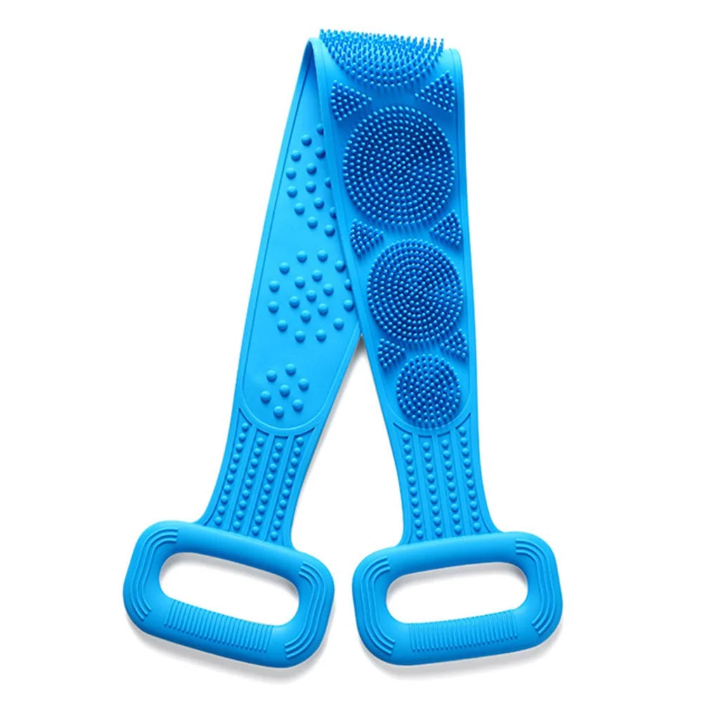 64cm Silicone Body Scrub Brush Double-Sided Back Cleaner Exfoliator Strap - Blue - 1