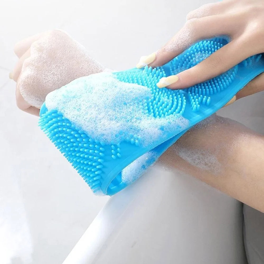 72cm Silicone Body Scrub Brush Double-Sided Back Cleaner Exfoliator Strap - Blue - 2