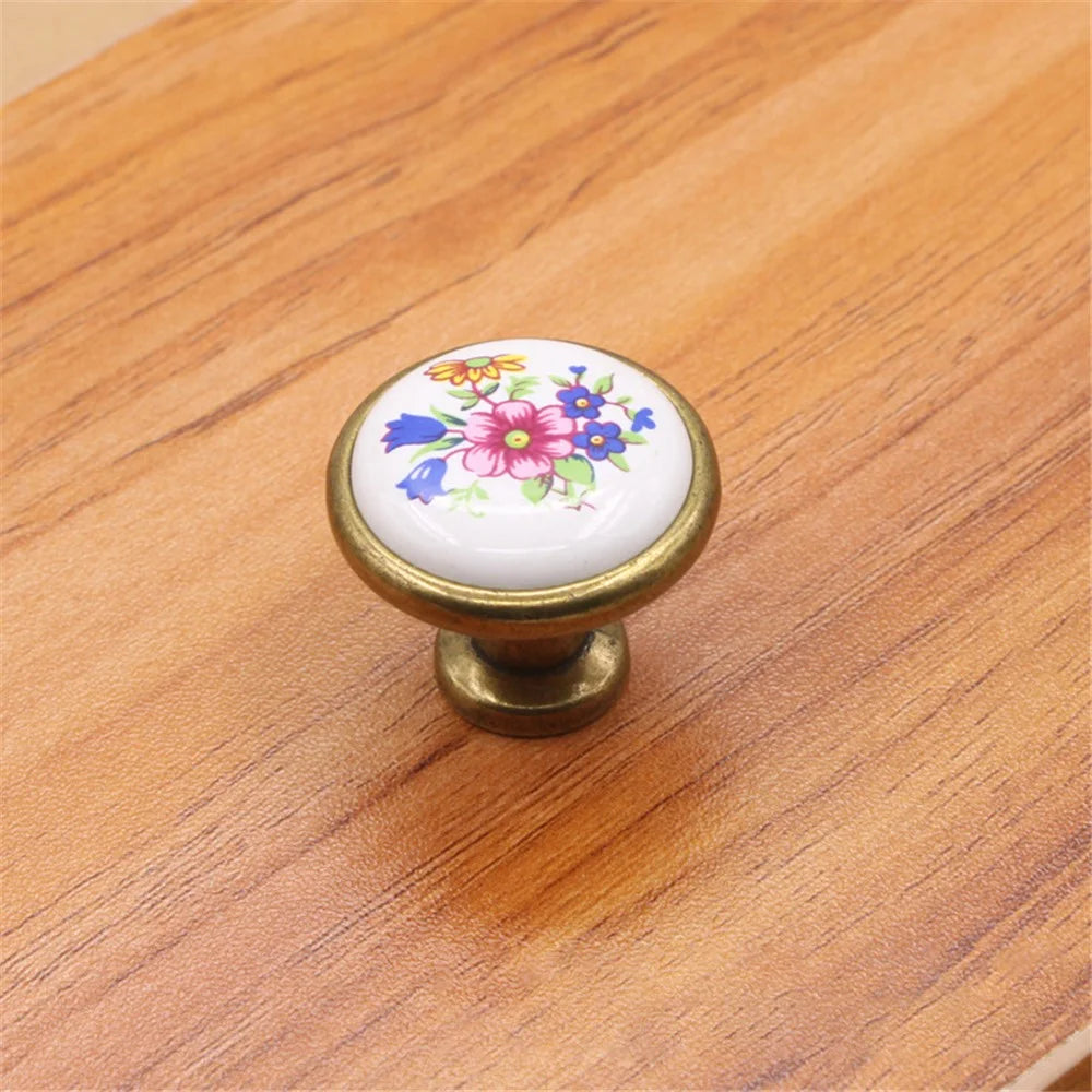 Single Hole Zinc Alloy + Ceramic Handle Painted Kitchen Vintage Door Drawer Handle Cabinet Pulls Knob with 25mm Screw - 1799 Bronze-Blue Flower - 1