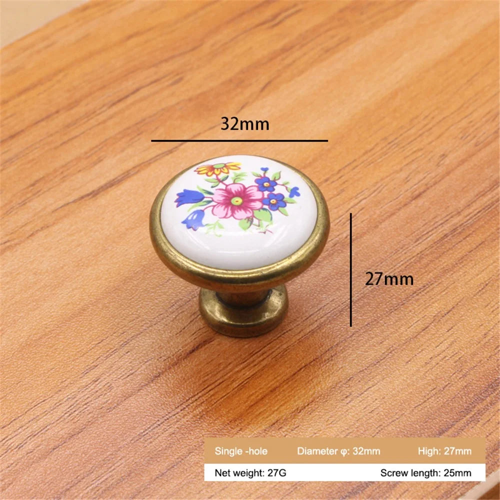 Single Hole Zinc Alloy + Ceramic Handle Painted Kitchen Vintage Door Drawer Handle Cabinet Pulls Knob with 25mm Screw - 1799 Bronze-Blue Flower - 2