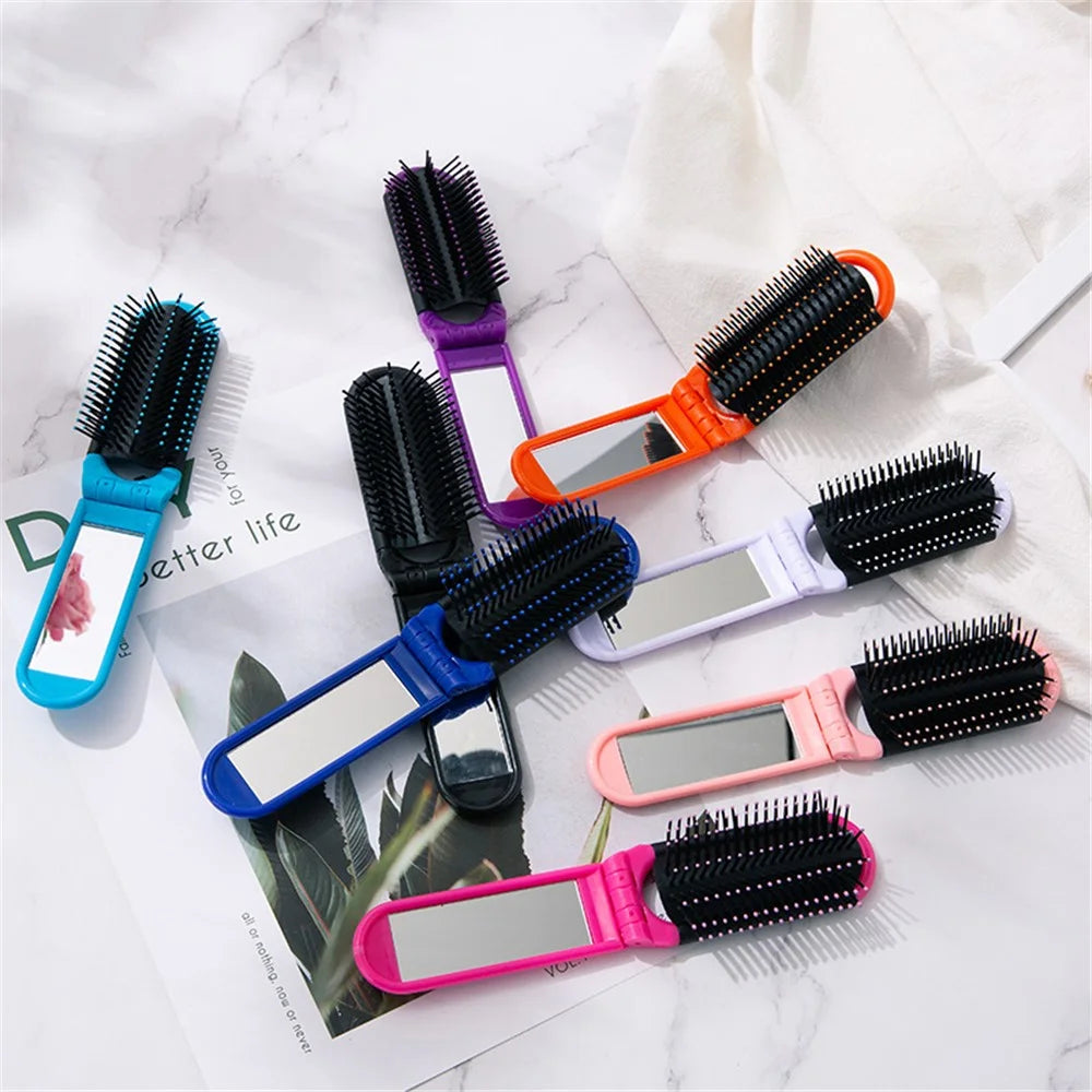 Portable Folding Massage Comb Pocket Size Women Travel Hair Brush with Mirror - Pink - 7