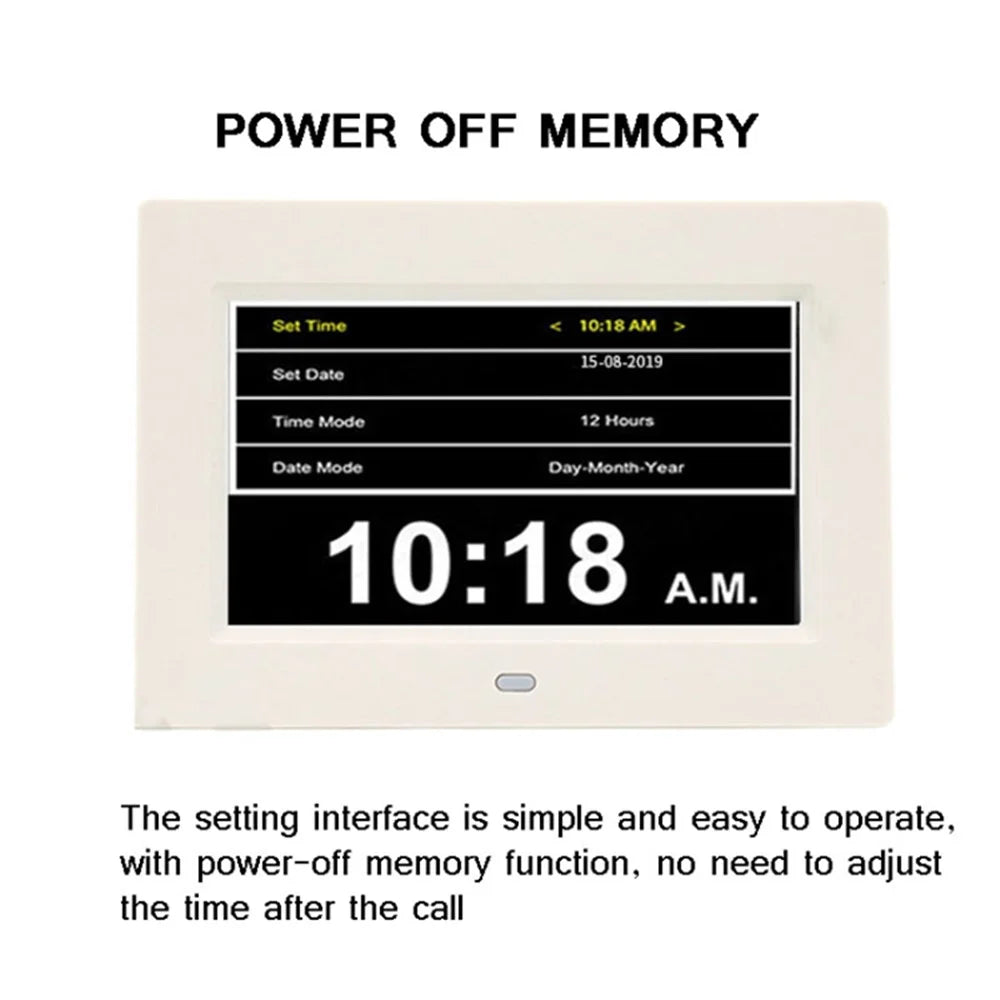Alarm Clock Digital Calendar Day Clock 7-inch Large Display Programmable Medication Reminder, EU Plug - White - 2