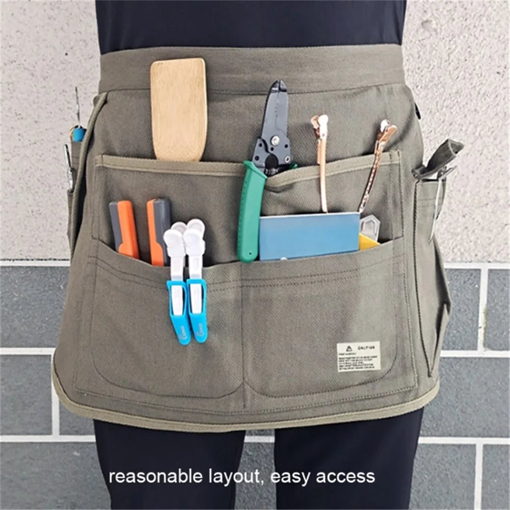 Multi Pockets Cosmetics Gardening Tools Storage Short Apron Waist Buckle Canvas Work Apron - Army Green - 2