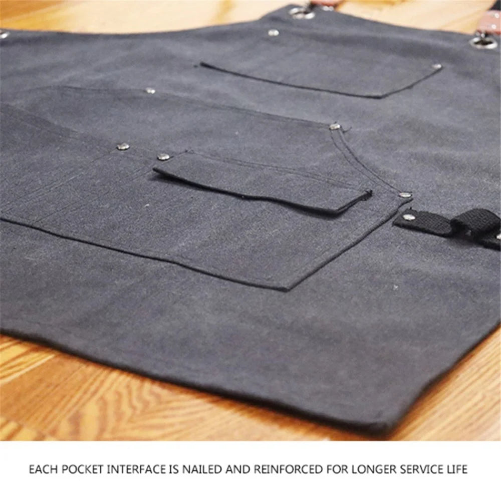 D001 Multi-pockets Apron Waterproof Canvas Apron for Heavy Duty Woodworking Gardening, Brown Leather Strap - Blue - 2