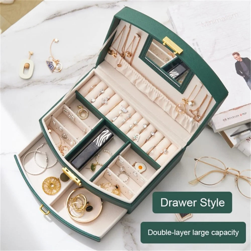 Dual Layer Jewelry Box Organizer Earring Rings Storage Display PU Leather Case, 20x16x10cm - Blackish Green - 2