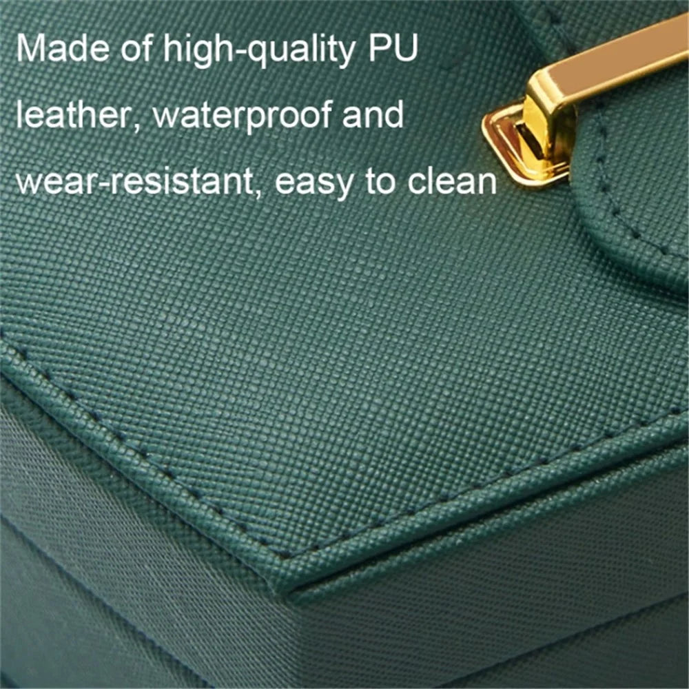 Dual Layer Jewelry Box Organizer Earring Rings Storage Display PU Leather Case, 20x16x10cm - Blackish Green - 3