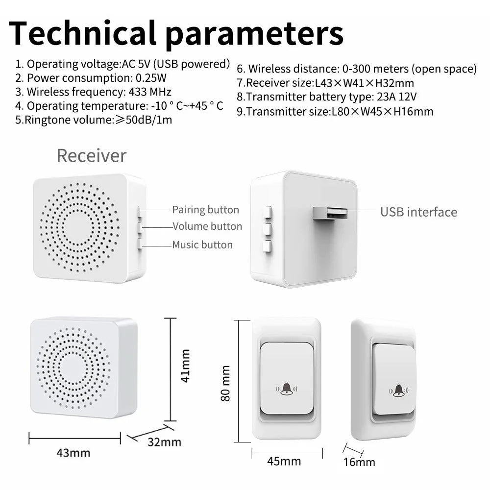 WHM06 USB Powered 3 Volume Levels Wireless Doorbell Kit (1 Transmitter+1 Receiver) - 6