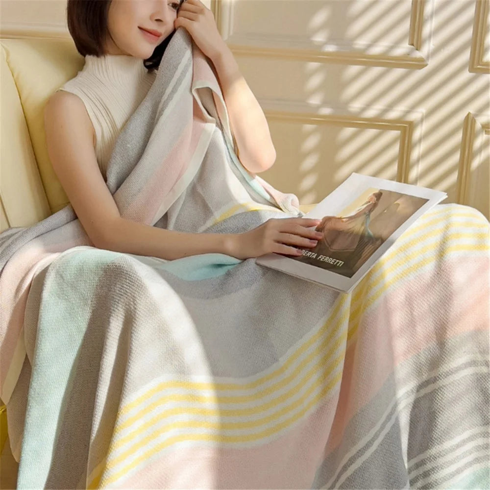 150x200cm Multi-layer Yarn Jacquard Mesh Towel Quilt Summer Thin Quilt Blanket- Colorful Stripe / Pink - 4