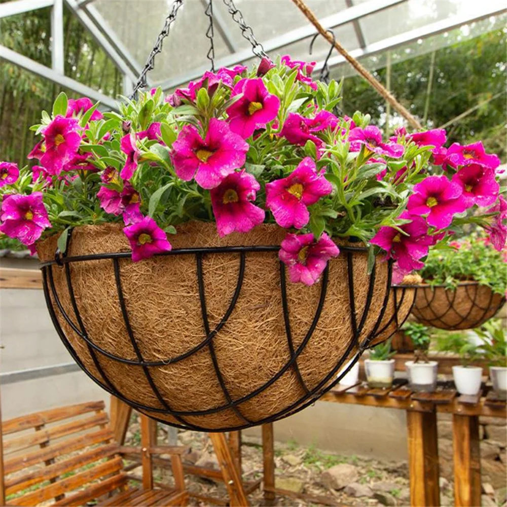 001-YZ01 16-inch Hanging Plant Pot Holder Metal Planter Basket with Coir Liner (Semi-circular Mesh Shape) - 3