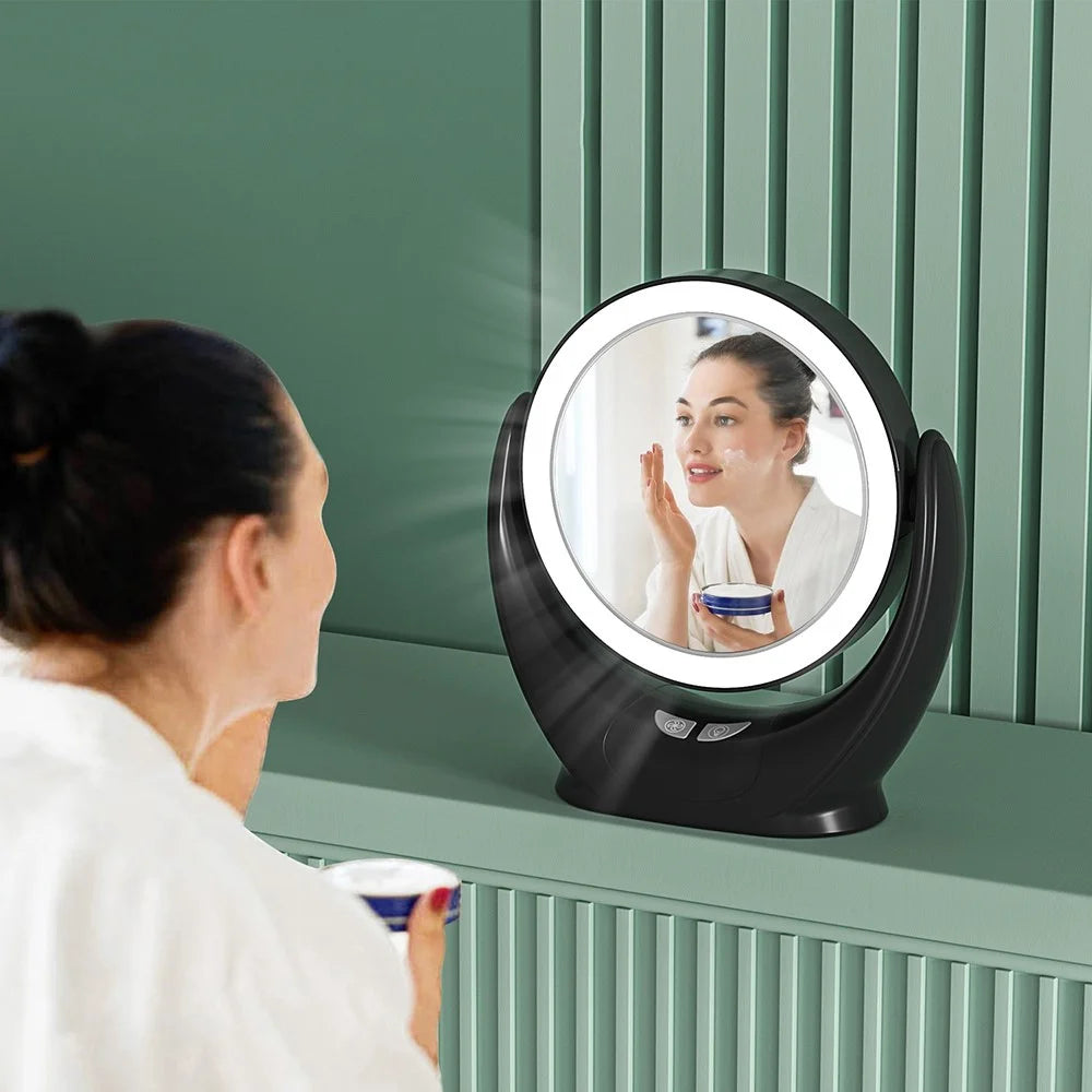 Multifunction Desktop Makeup Mirror with Dimmable LED Fill Light and Fan (No Battery) - Black - 2