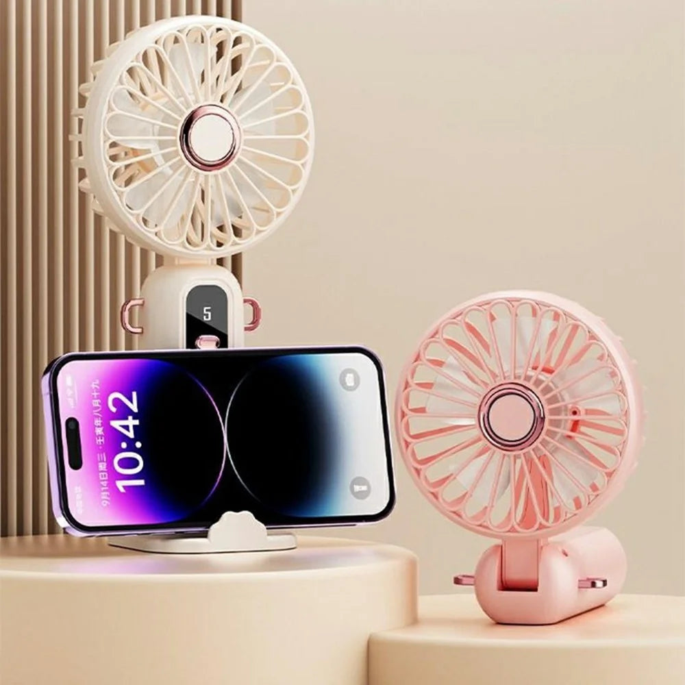 ZD01 LED Display Mini Handheld Fan 5 Speeds Adjustable Foldable Cooling Fan with Phone Holder - Beige - 2
