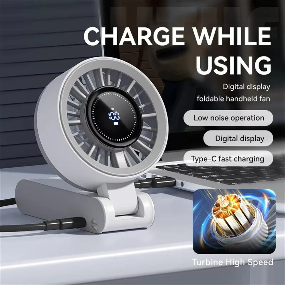 JF133 Digital Display Handheld Fan Turbine Motor USB Rechargeable Portable Foldable Desktop Hanging Neck Fan - White - 3