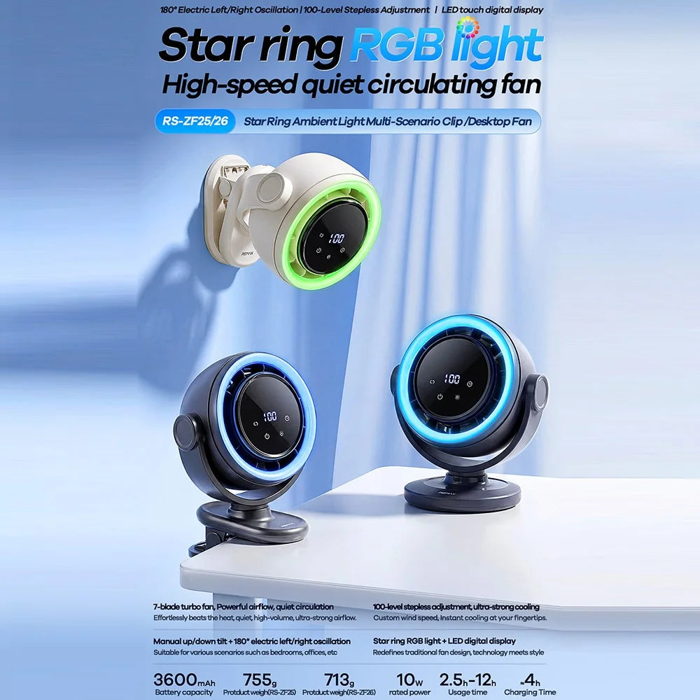 REMAX RS-ZF26 Star Ring RGB Light Fan 3600mAh 100-Level Stepless Adjustment Auto Oscillation Desktop Fan - Beige - 2