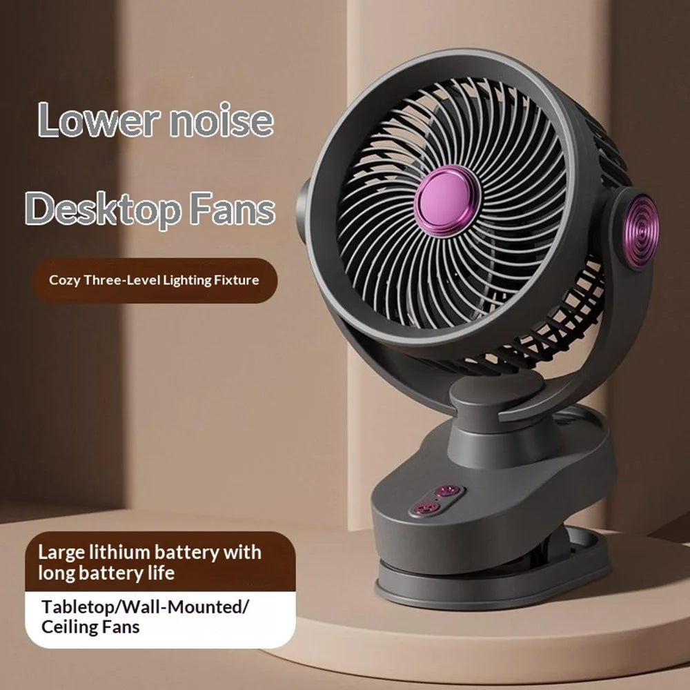 FS-001 USB Rechargeable Clip-On Oscillating Fan 3-Speed Adjustable with LED Light - Grey - 3