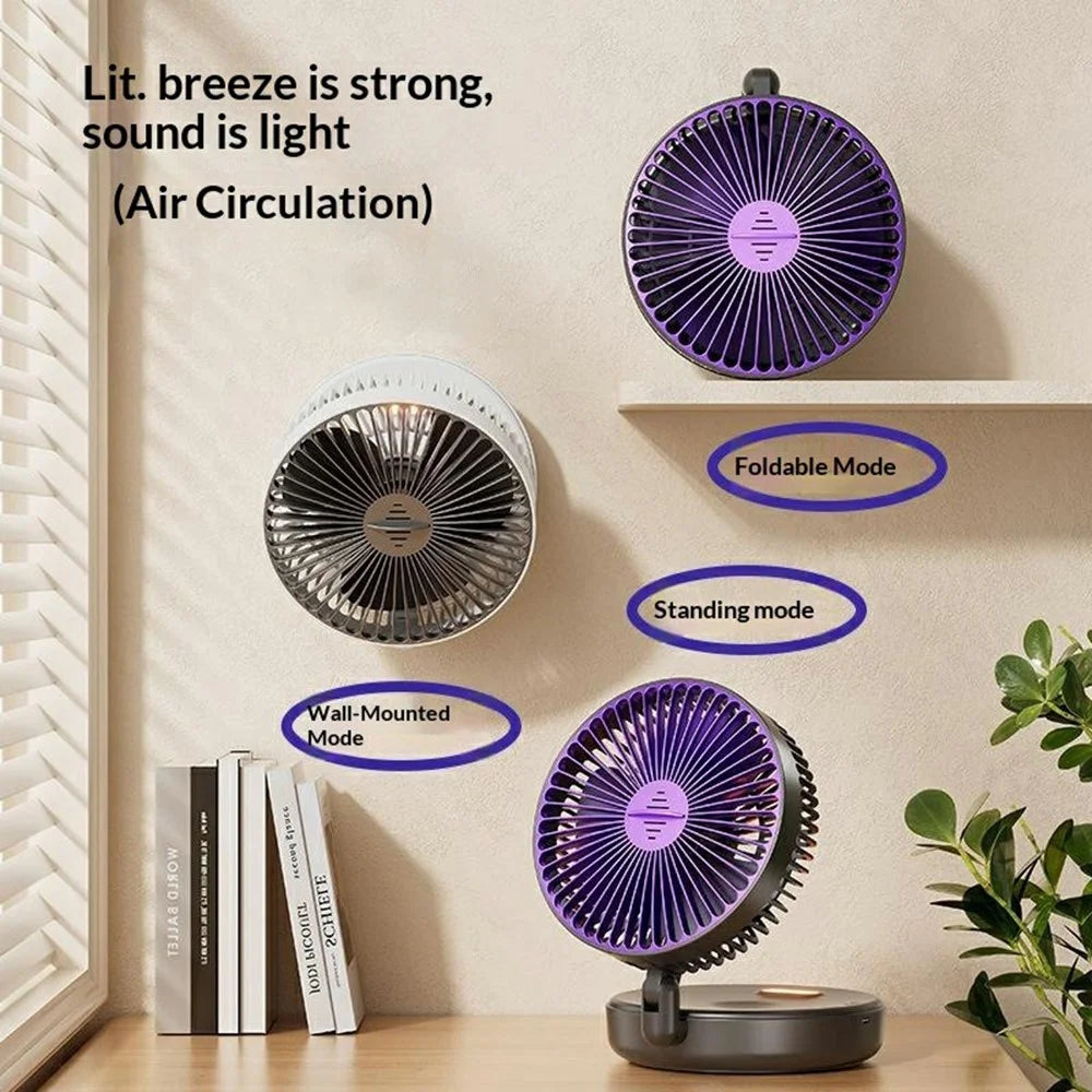 Foldable Wall-Mounted Fan 1200mAh USB-C Rechargeable 5-Speed Circulating Air Fan with Night Light - Grey - 3