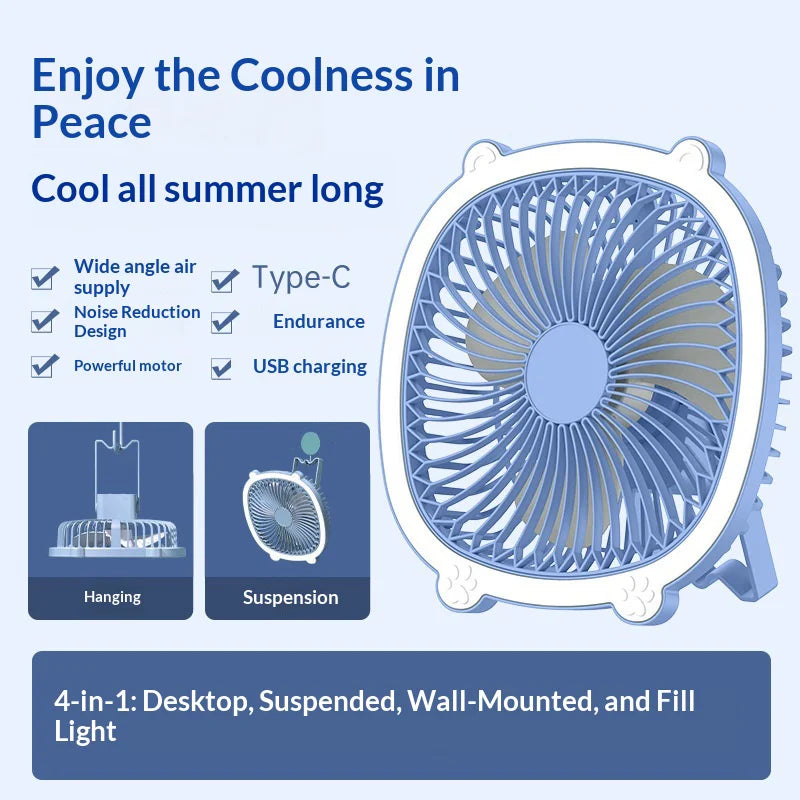 USB Rechargeable Cooling Fan with Light 3-Speed Low Noise Portable Desk Fan - Blue - 2