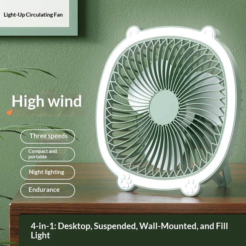 USB Rechargeable Cooling Fan with Light 3-Speed Low Noise Portable Desk Fan - Blue - 3