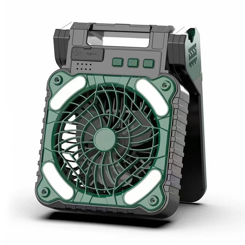 x99 Solar USB Fan 5200mAh Power Bank Phone Charger with Light for Home Outdoor Camping - Blackish Green - 1