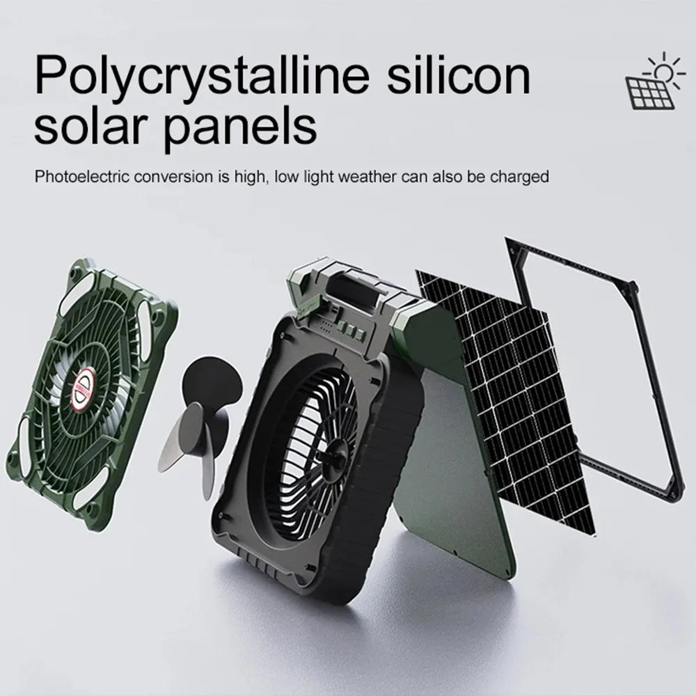 x99 Solar USB Fan 5200mAh Power Bank Phone Charger with Light for Home Outdoor Camping - Blackish Green - 7