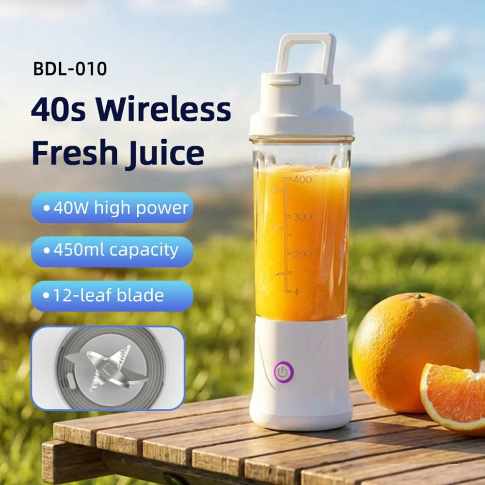 BDL-010 3.7V Rechargeable 450ml 12-Blade Wireless Portable Juicer Cup 2 in 1 Sports Water Bottle (BPA Free, No FDA) - White - 5