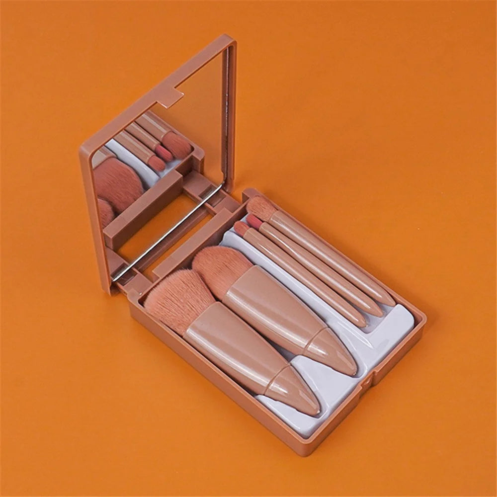 5Pcs Makeup Brush Soft Bristles Foundation Eyeshadow Lip Brushes Kit with Makeup Mirror Box - Coffee - 2