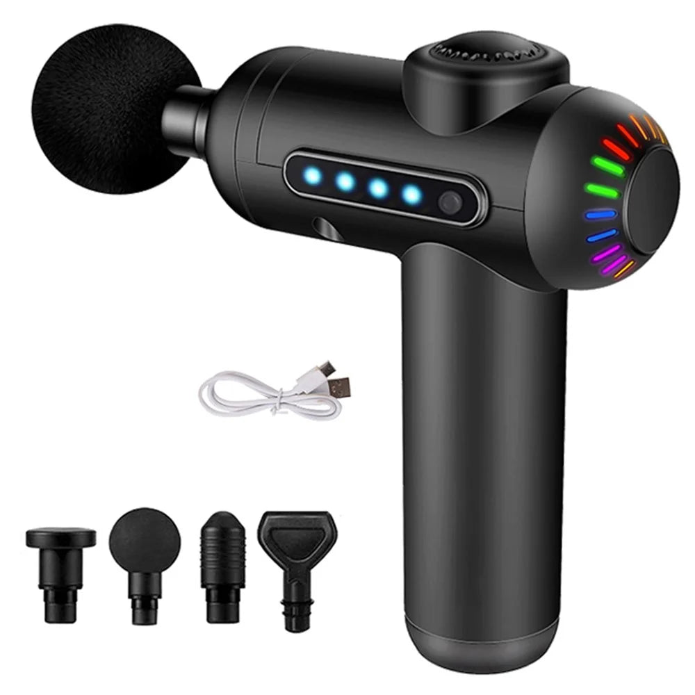 QY-M13 Mini Rechargeable 4-Gear Vibration Muscle Relaxation Massager Body Pain Relieve Cordless Deep Tissue Fascia Massage Gun with 4 Massage Head - Black - 1