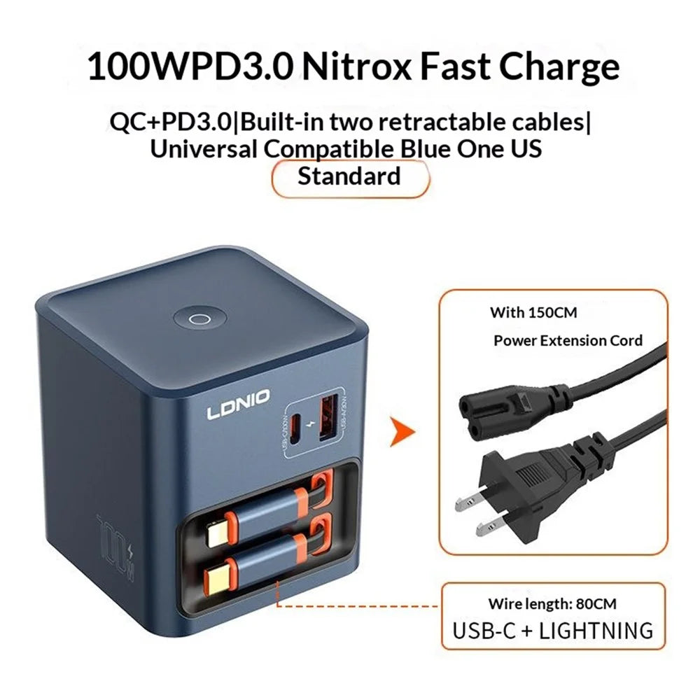 LDNIO Q16 100W GaN Desktop Charger 4-Port USB-C Retractable Cable Fast Charging Station with Smart Digital Display - Blue  /  EU Plug - 2