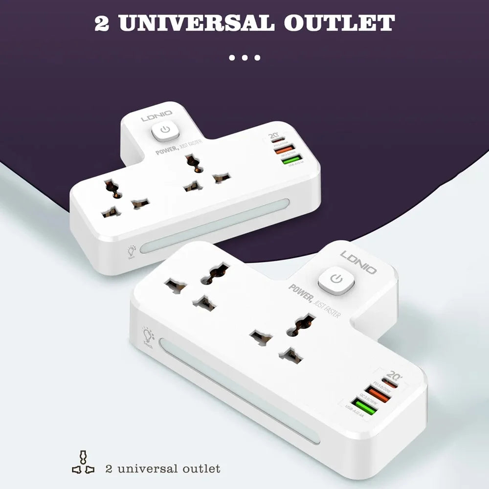 LDNIO SC2311 20W Fast Charging Power Strip 2 AC Outlets 3 USB Ports Wall Plug Power Socket with LED Night Light - White - 2