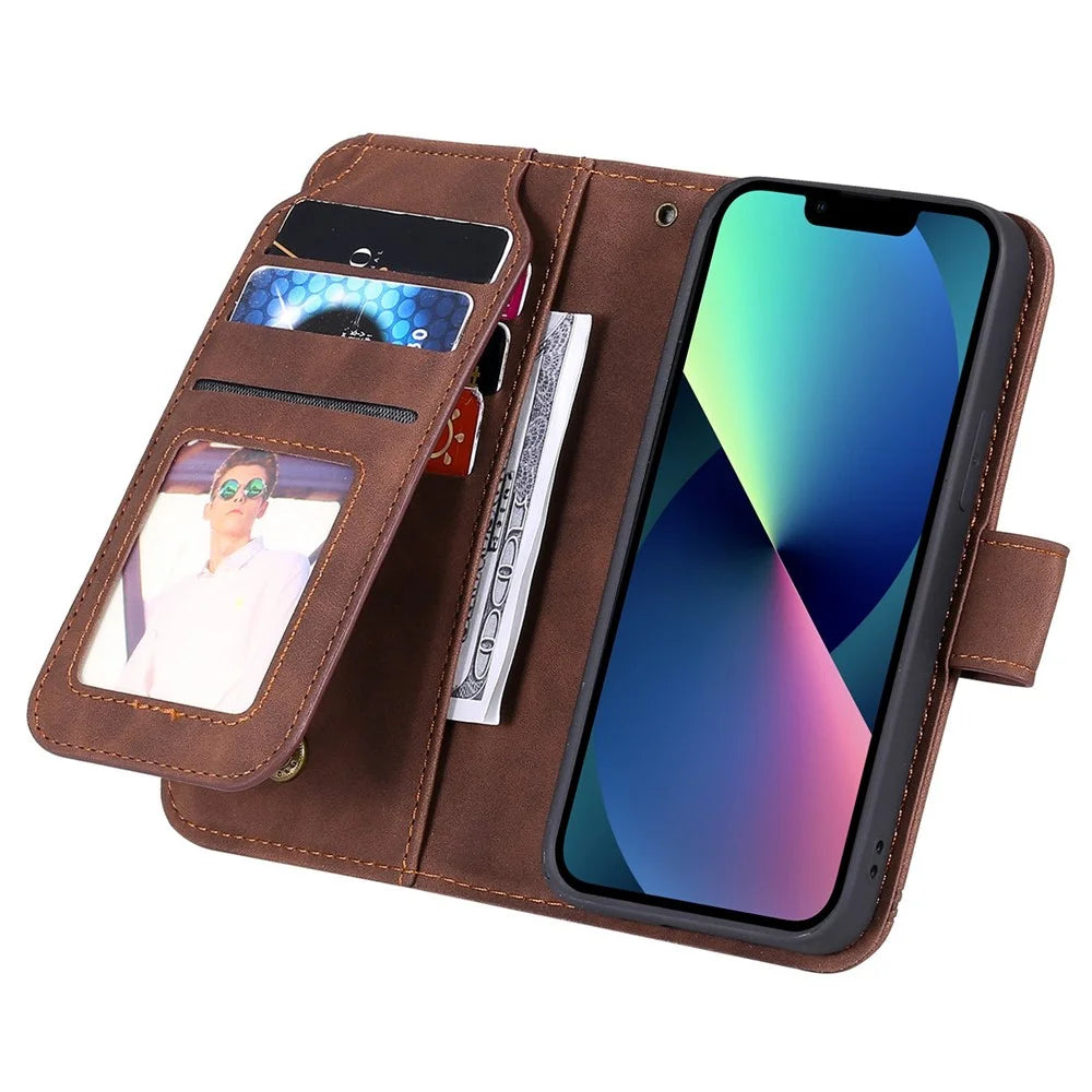 For iPhone 13 6.1 inch Shockproof Phone Case Imprinted PU Leather Stand Cover with Multiple Card Slots and Cash Pocket - Brown - 2