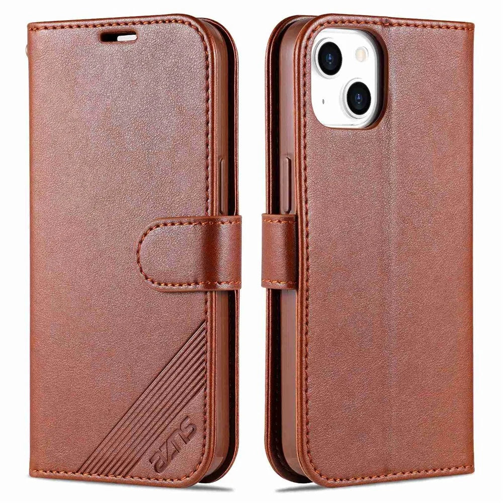 AZNS for iPhone 14 Plus 6.7 inch Shockproof PU Leather Flip Wallet Case Magnetic Closure Wear-resistant Phone Cover Stand - Brown - 1