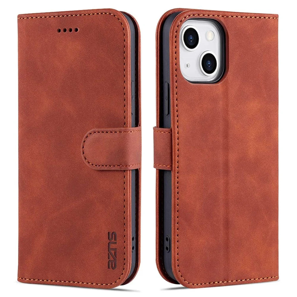 AZNS Phone Case for iPhone 14 Plus 6.7 inch, PU Leather TPU Shockproof Wear-resistant Wallet Stand Protective Cover - Brown - 1
