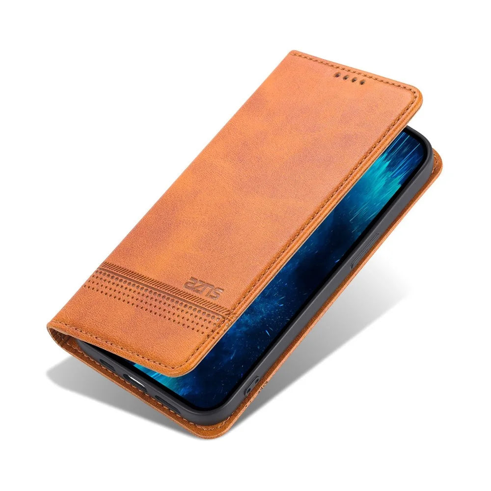 AZNS For iPhone 14 Plus 6.7 inch Drop-proof PU Leather Magnetic Closure Phone Case Wallet Stand All-inclusive Protection Flip Cover - Brown - 6