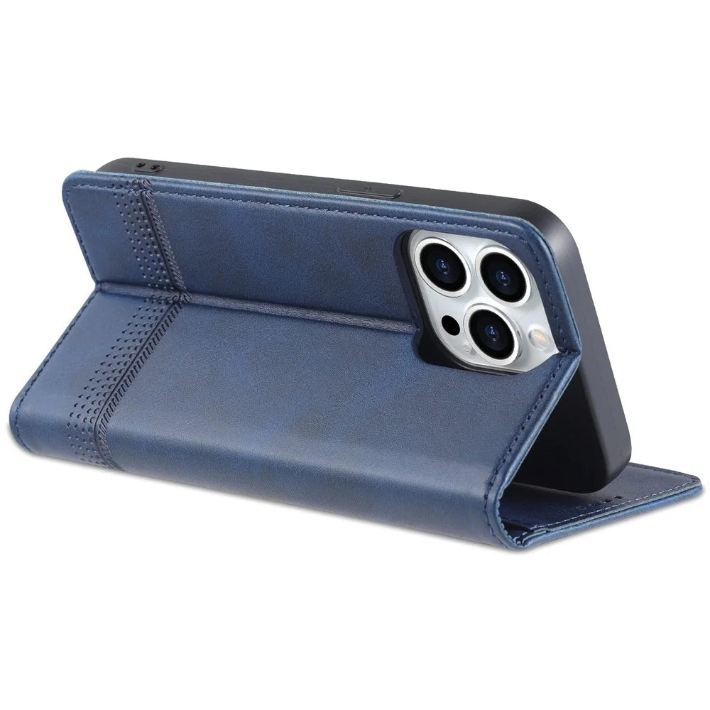 AZNS for iPhone 14 Pro 6.1 inch Anti-fall PU Leather Folio Phone Case Wallet Magnetic Absorption Full Covering Shockproof Phone Shell Viewing Stand - Blue - 4