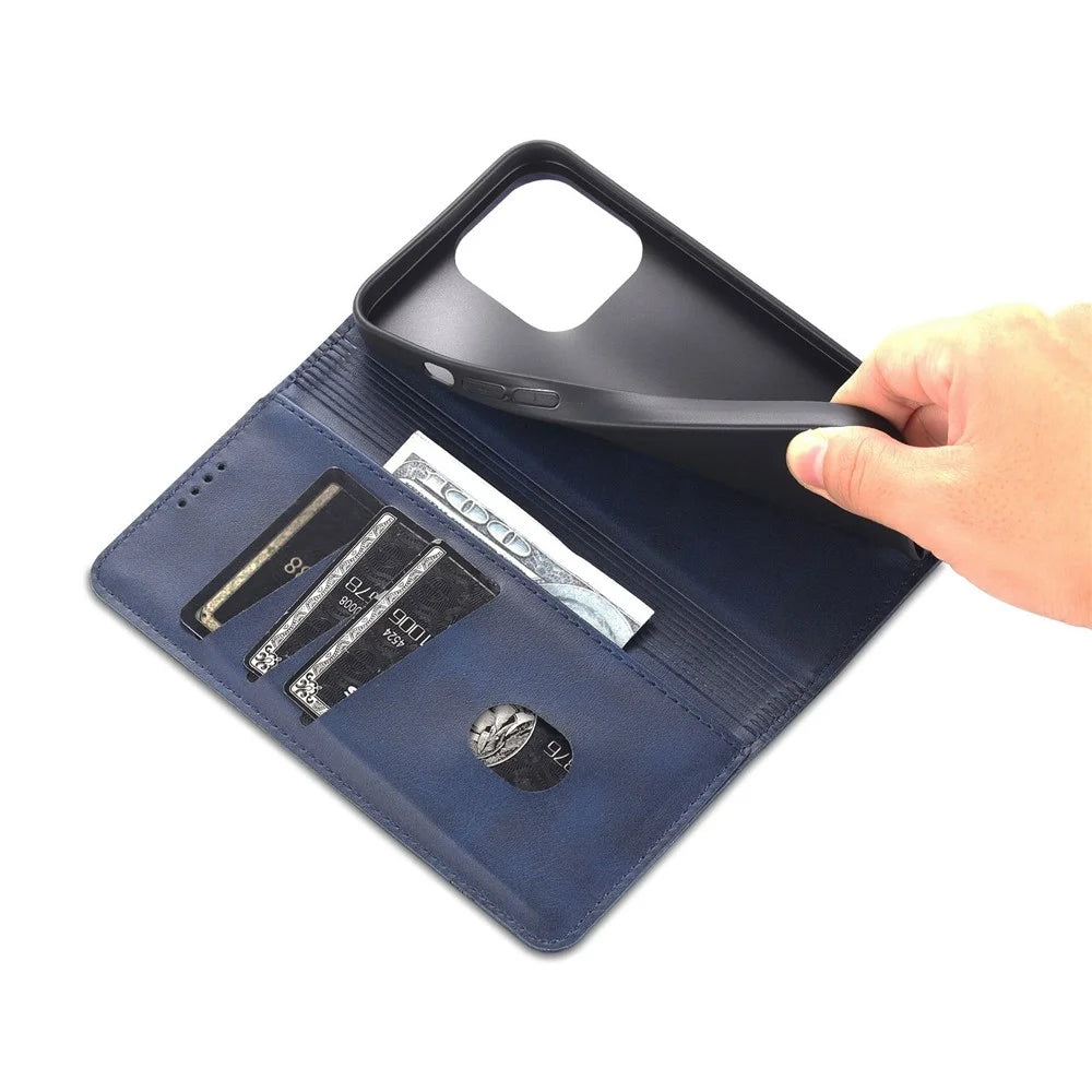 AZNS for iPhone 14 Pro 6.1 inch Anti-fall PU Leather Folio Phone Case Wallet Magnetic Absorption Full Covering Shockproof Phone Shell Viewing Stand - Blue - 5