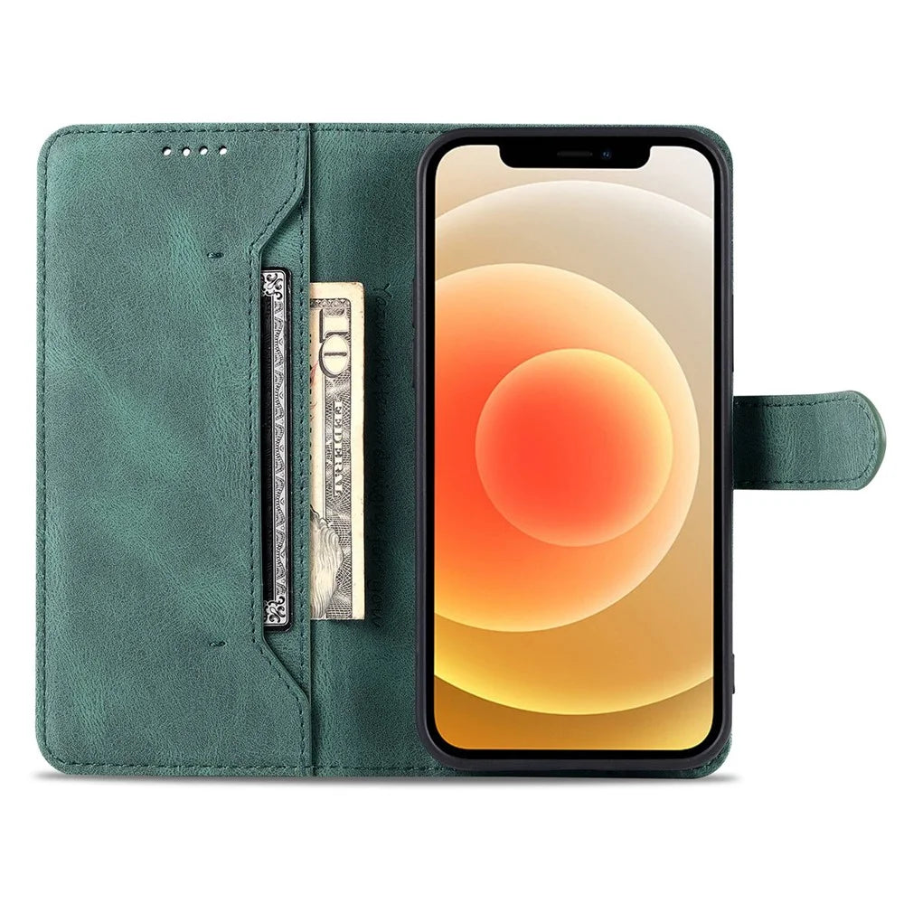 AZNS For iPhone 14 6.1 inch Drop-proof PU Leather Wallet Case Card Holder Magnetic Closure Stand Anti-scratch Phone Cover - Green - 2
