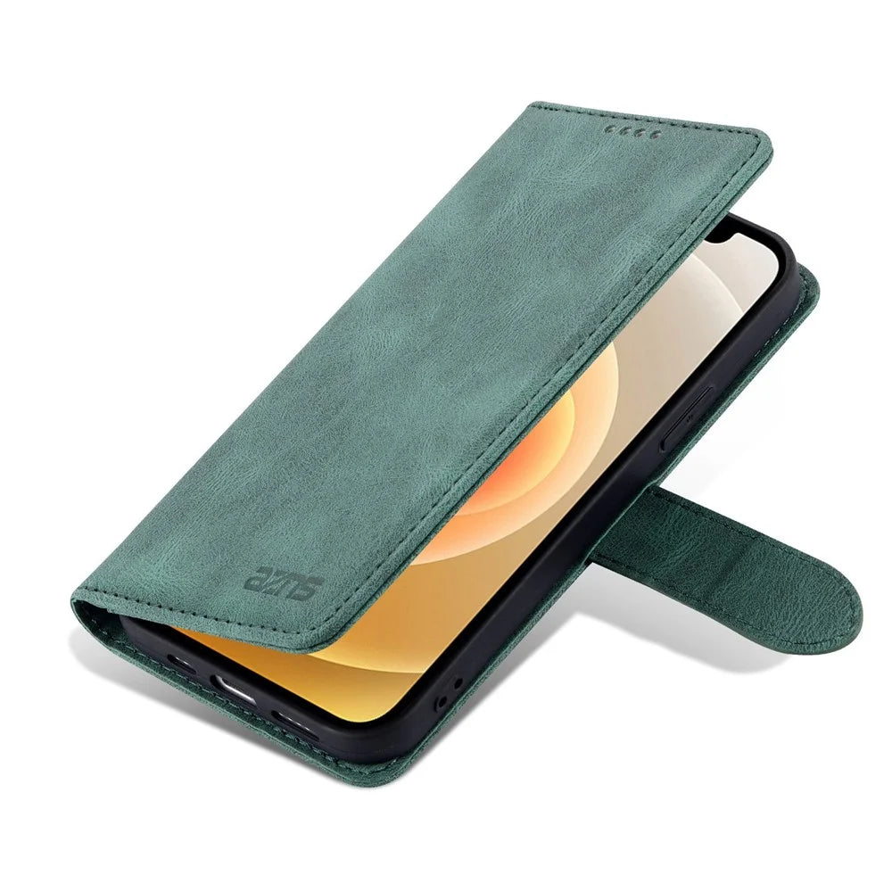 AZNS For iPhone 14 6.1 inch Drop-proof PU Leather Wallet Case Card Holder Magnetic Closure Stand Anti-scratch Phone Cover - Green - 7