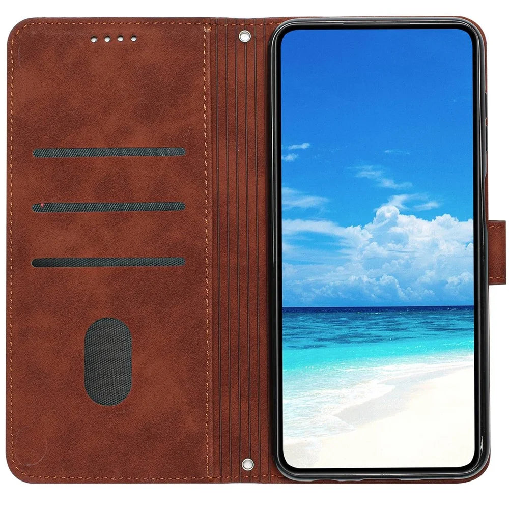 Heart Shape Imprinted Case for iPhone 12/12 Pro 6.1 inch, Anti-drop Skin-touch Feeling PU Leather Stand Wallet Phone Shell with Strap - Brown - 2
