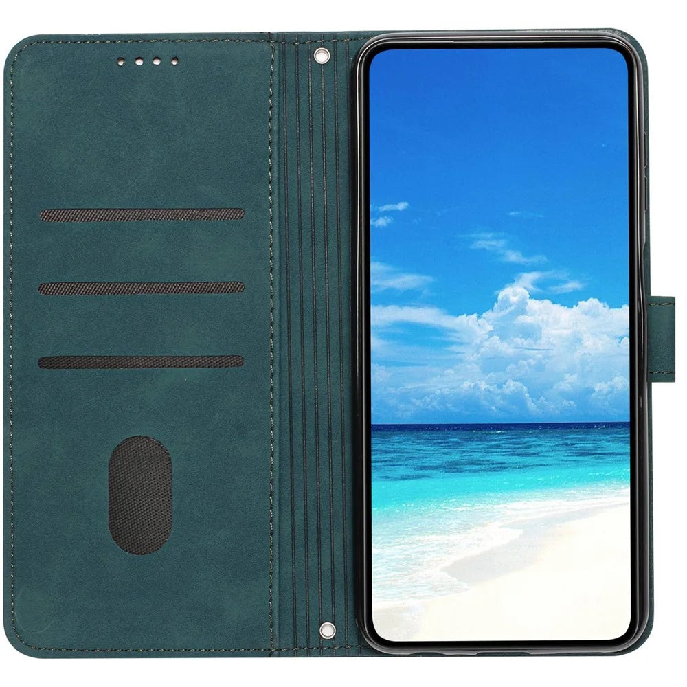 For Samsung Galaxy A03s (166.5mm) PU Leather Cover Skin-touch Feeling Heart Shape Imprint Phone Case Wallet Stand with Strap - Green - 2
