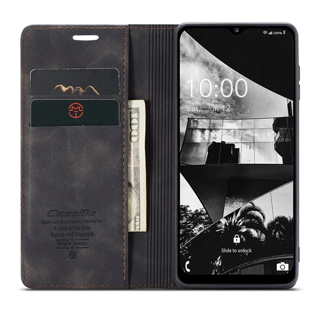 CASEME 013 Series Slim Phone Case for Samsung Galaxy M33 5G (Global Version) Shockproof PU Leather Wallet Foldable Stand Phone Cover - Black - 2