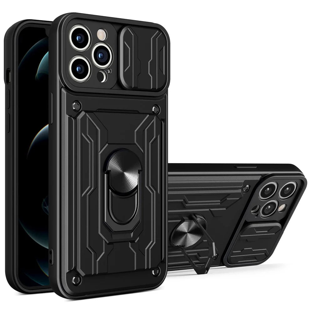 For iPhone 14 Pro Max 6.7 inch Kickstand Phone Case Hard PC  Soft TPU Hybrid Cover with Card Holder and Slide Lens Protection - Black - 1