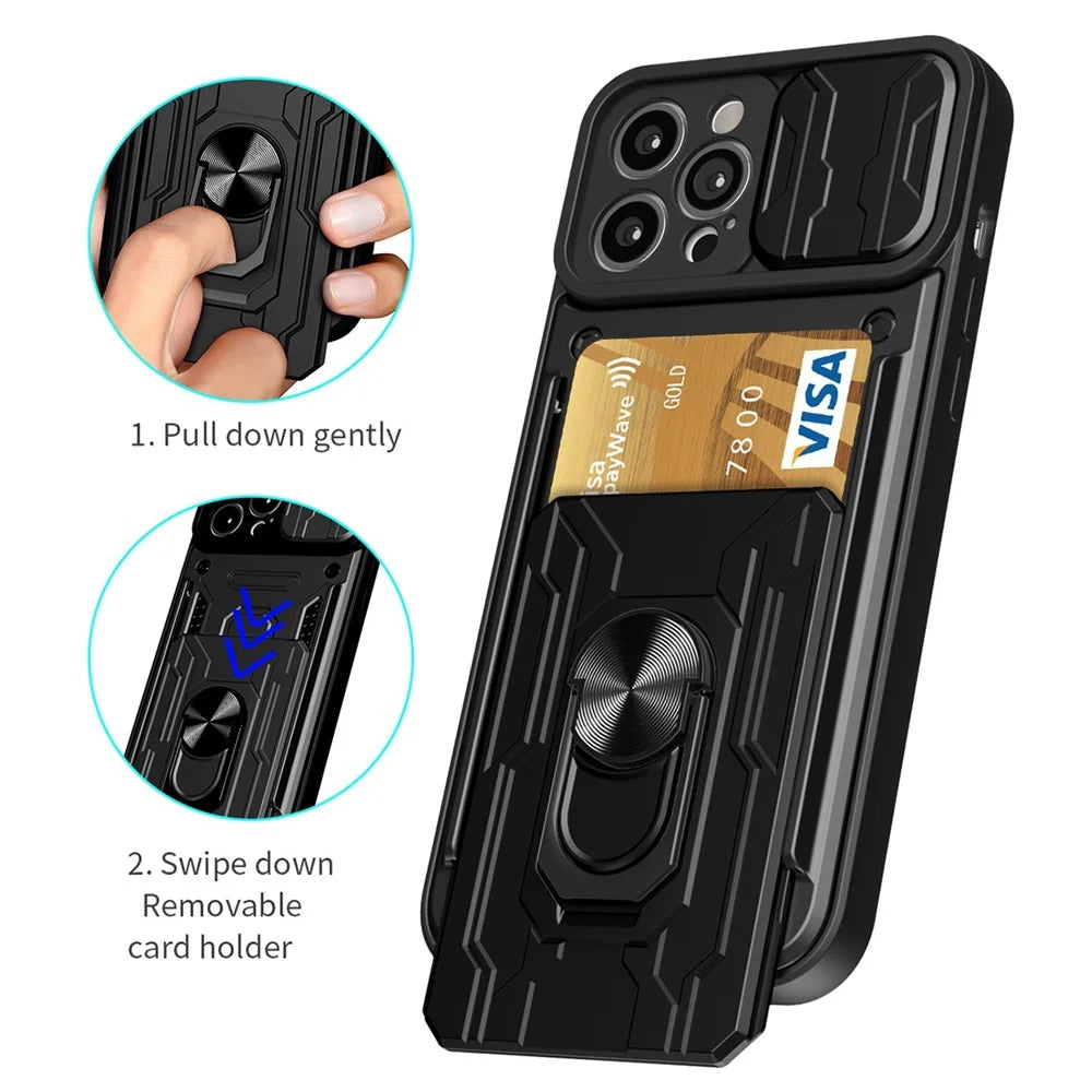 For iPhone 14 Pro Max 6.7 inch Kickstand Phone Case Hard PC  Soft TPU Hybrid Cover with Card Holder and Slide Lens Protection - Black - 2