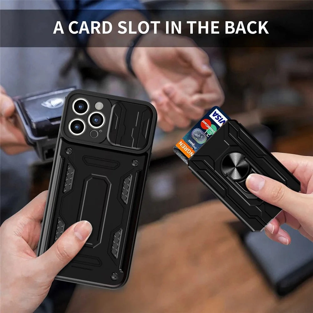 For iPhone 14 Pro Max 6.7 inch Kickstand Phone Case Hard PC  Soft TPU Hybrid Cover with Card Holder and Slide Lens Protection - Black - 3
