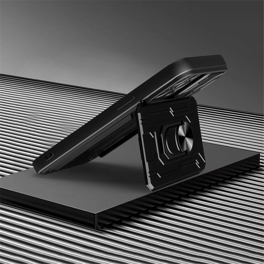 For iPhone 14 Pro Max 6.7 inch Kickstand Phone Case Hard PC  Soft TPU Hybrid Cover with Card Holder and Slide Lens Protection - Black - 4