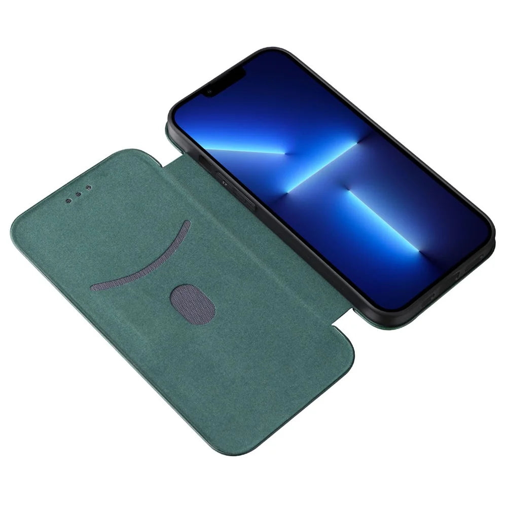 For iPhone 14 6.1 inch Carbon Fiber Texture Mobile Phone Case Magnetic Auto-absorbed PU Leather Stand Card Holder Function Phone Cover - Green - 2
