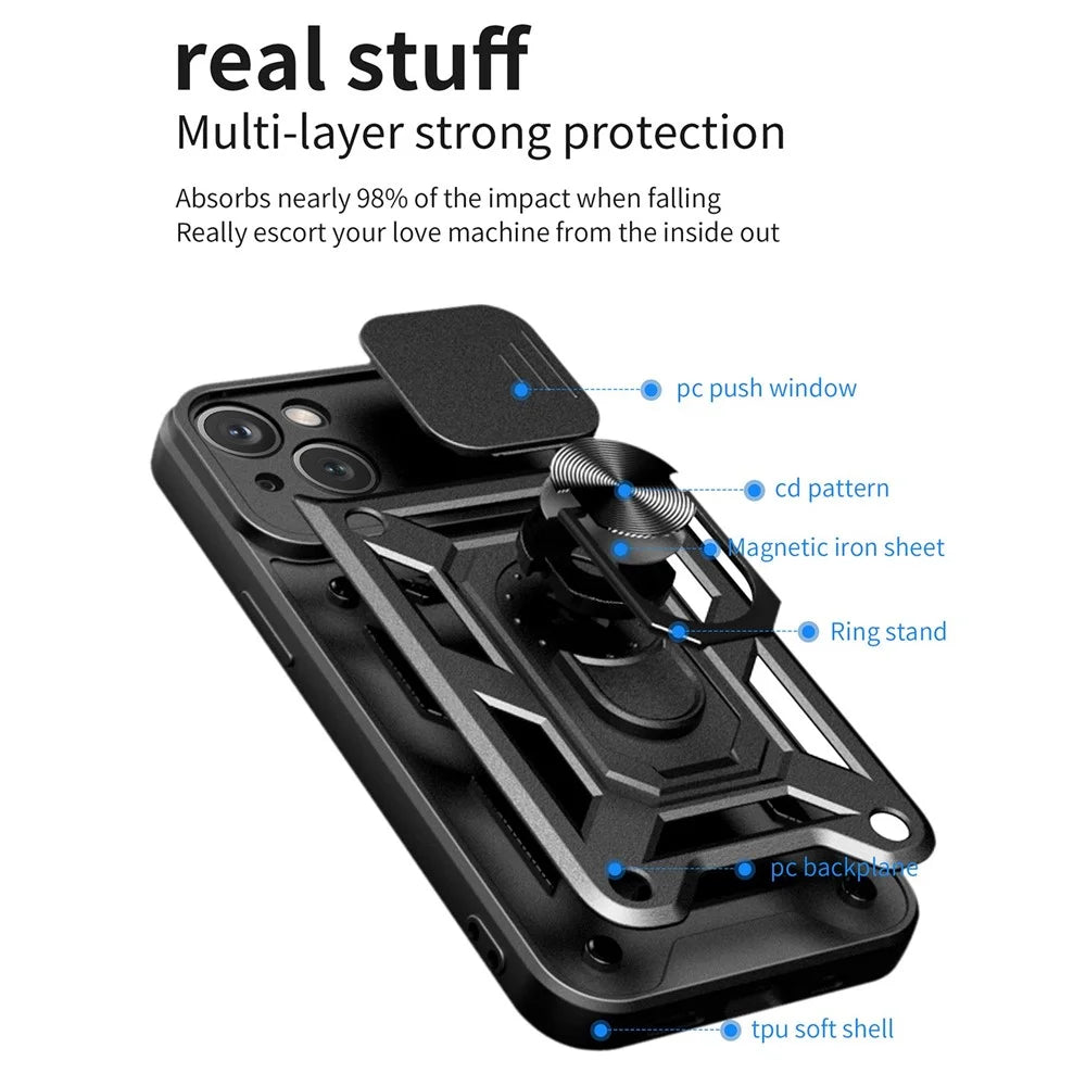 For iPhone 14 Plus 6.7 inch Anti-scratch Phone Cover Slide Camera Protection PC + TPU Ring Kickstand Cell Phone Case - Black - 2