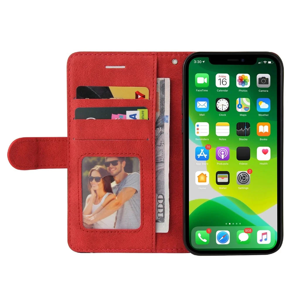 For iPhone 14 Leather Case Wallet Stand Color Splicing Phone Cover - Red - 2