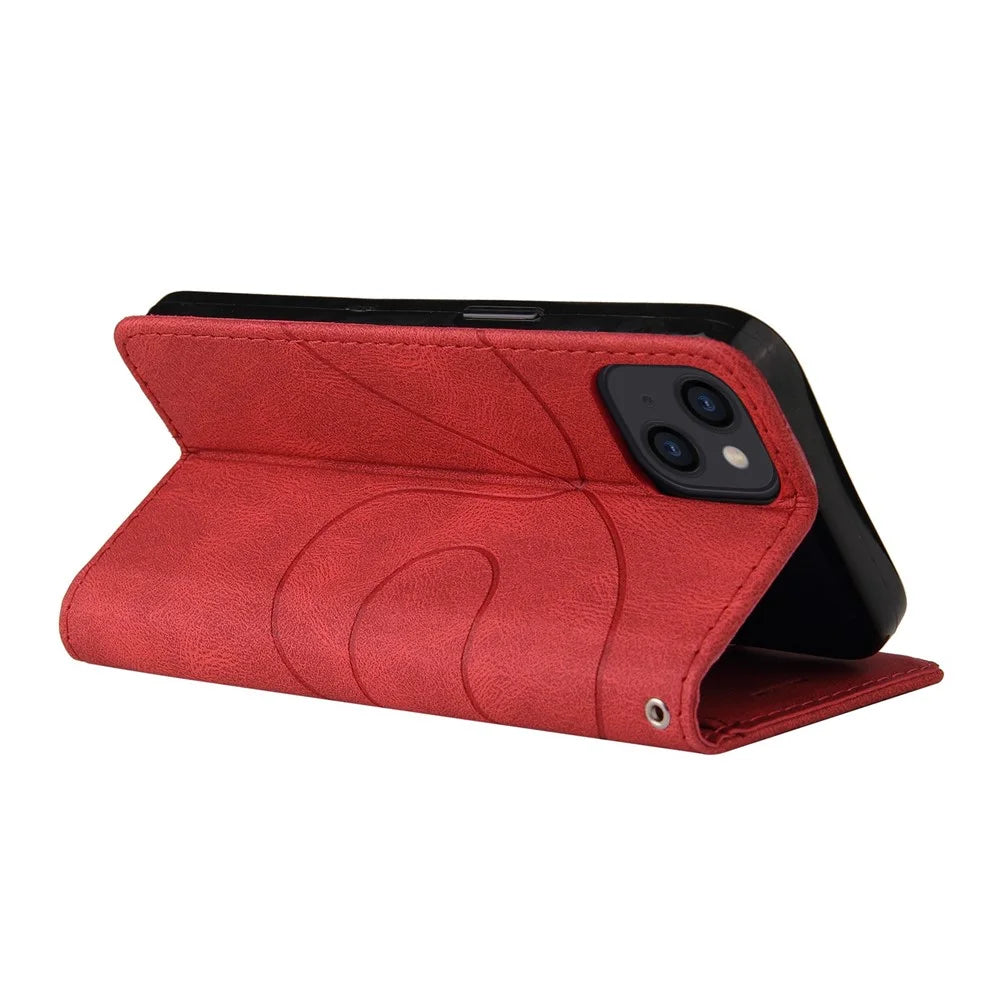 For iPhone 14 Leather Case Wallet Stand Color Splicing Phone Cover - Red - 4