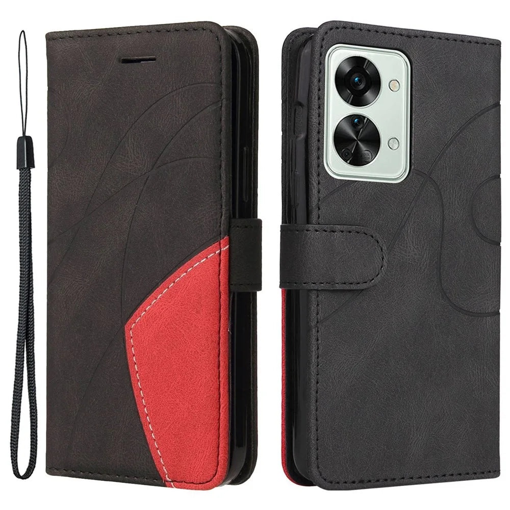 For OnePlus Nord 2T 5G Leather Case Wallet Stand Color Splicing Phone Cover - Black - 1