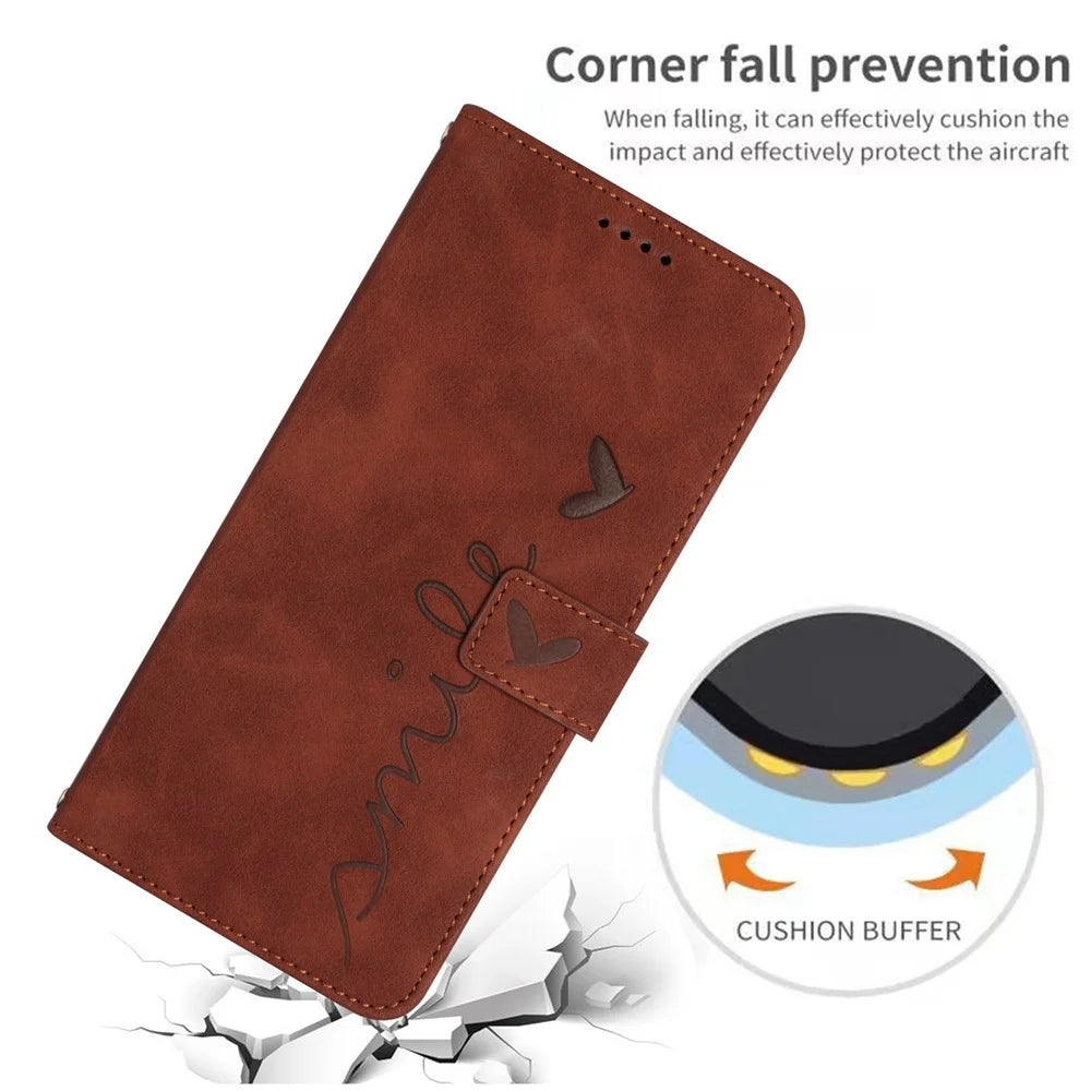 For Samsung Galaxy A13 4G Heart Shape Imprinted Magnetic Clasp PU Leather Case Skin-touch Phone Cover with Wallet Stand - Brown - 4